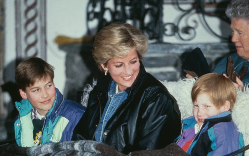 Diana, Princess of Wales (1961 - 1997) riding in a traditional sleigh with Prince William and Prince...