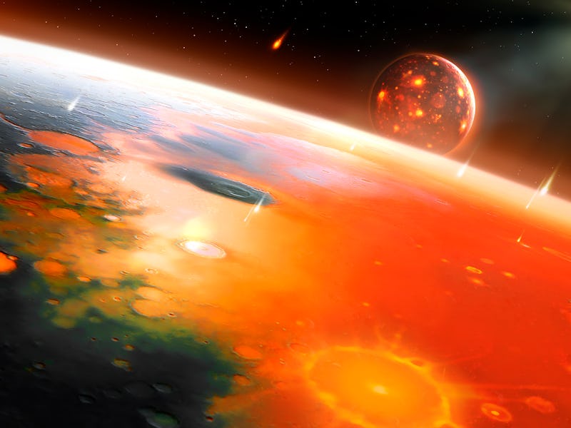 Illustration of the young Earth-Moon system. The Earth had recently formed when it was struck by a p...