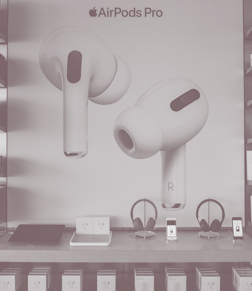 HONG KONG, CHINA - 2020/02/13: Digital wireless headphones, Airpods, seen at the American multinatio...