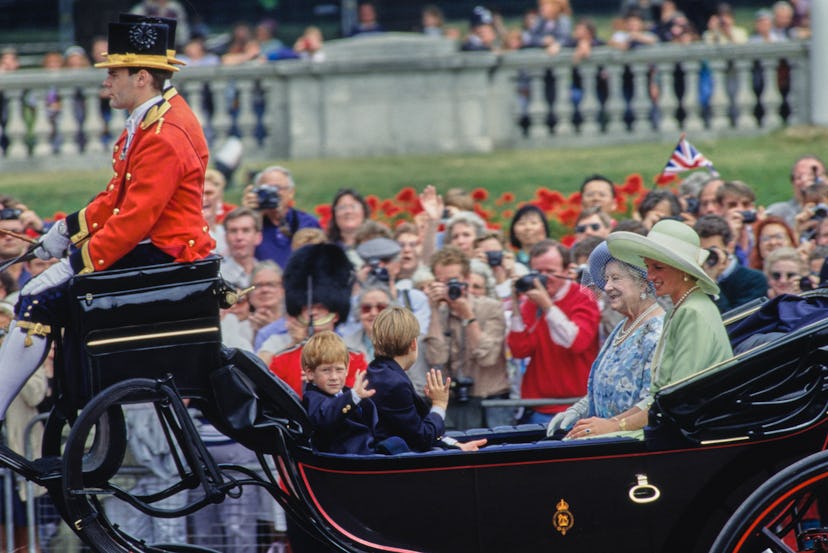 Prince Harry, Prince William, Princess Diana, and the Queen Mother ride from The Trooping of the Col...
