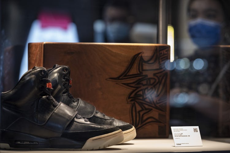 HONG KONG, CHINA - APRIL 16: Kanye West's Nike Air Yeezy 1 sneaker for sale with a price tag of USD$...