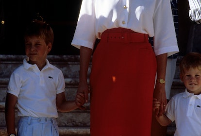 William and Prince Harry stand with their mother, Diana, Princess of Wales, whilst on holiday in Maj...