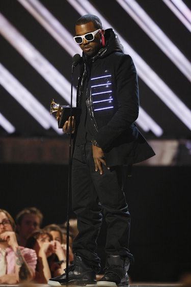 The 2008 winner for Best Rap Album Kanye West  accepts the trophy at the 50th Grammy Awards in Los A...