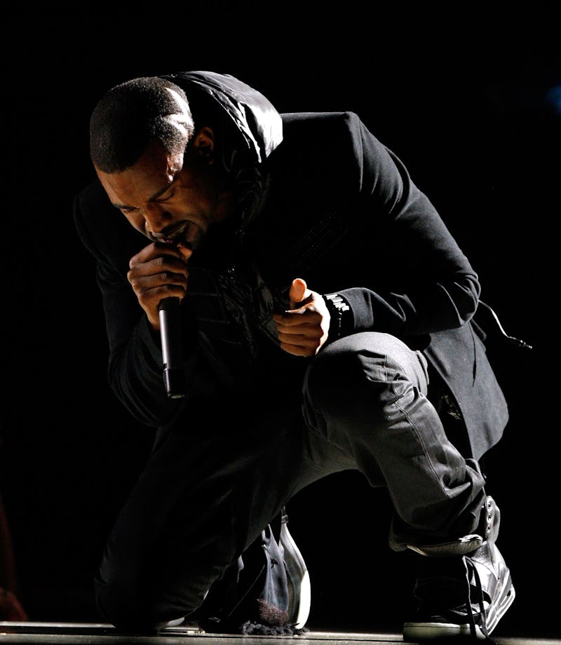 LOS ANGELES, CA - FEBRUARY 10: Musician Kanye West performs onstage during the 50th annual Grammy a...