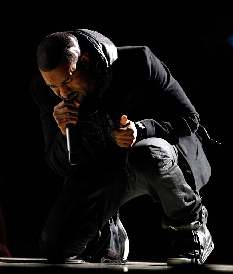 LOS ANGELES, CA - FEBRUARY 10:  Musician Kanye West performs onstage during the 50th annual Grammy a...