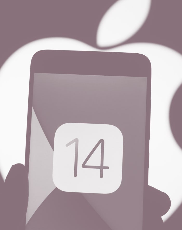 UKRAINE - 2020/10/14: In this photo illustration the iOS 14 logo of the iOS mobile operating system ...