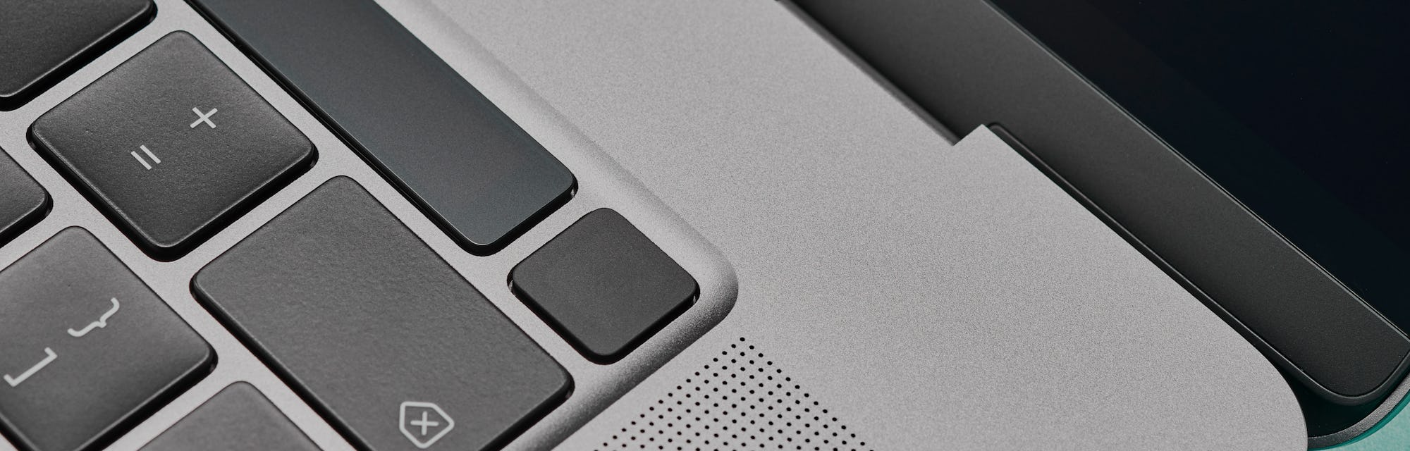 Detail of the fingerprint scanner on a 16-inch Apple MacBook Pro laptop computer, taken on October 2...