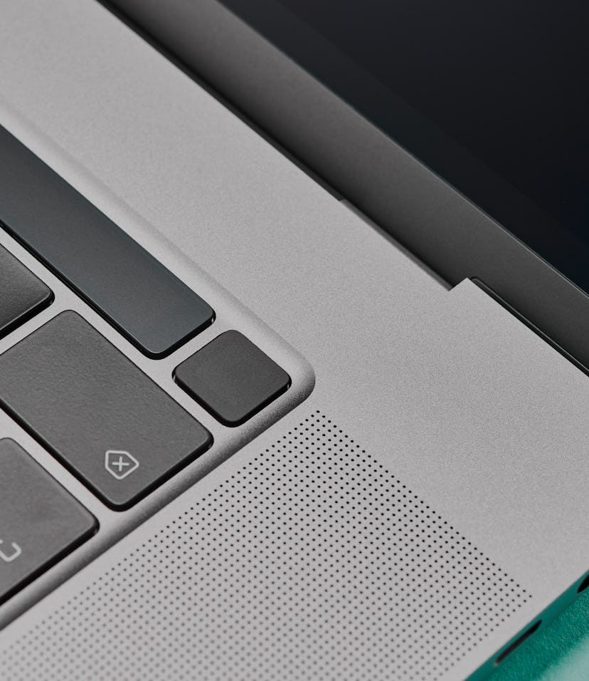Detail of the fingerprint scanner on a 16-inch Apple MacBook Pro laptop computer, taken on October 2...