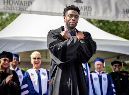 WASHINGTON, DC - MAY 12:
Actor Chadwick Boseman gives a Wakanda salute to the crowd as Howard Univer...