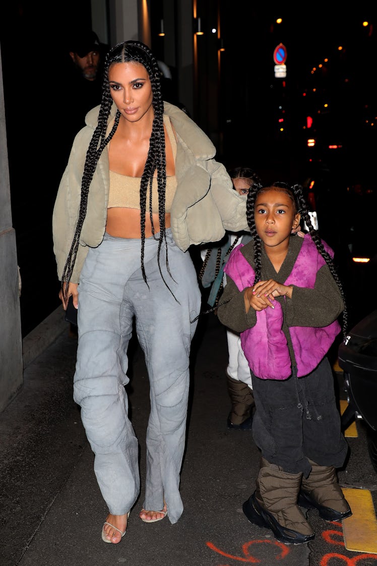 PARIS, FRANCE - MARCH 02: Kim Kardashian West and North West are seen arriving at a restaurant on M...