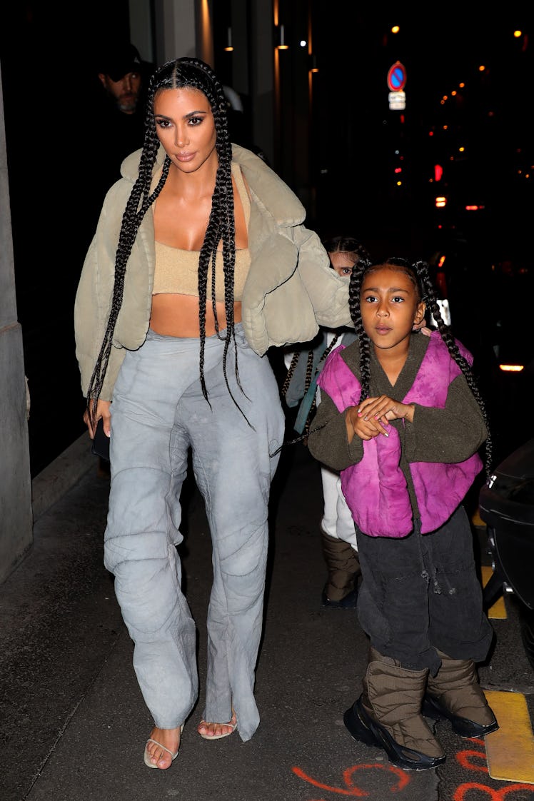 PARIS, FRANCE - MARCH 02: Kim Kardashian West and North West are seen arriving at a restaurant  on M...