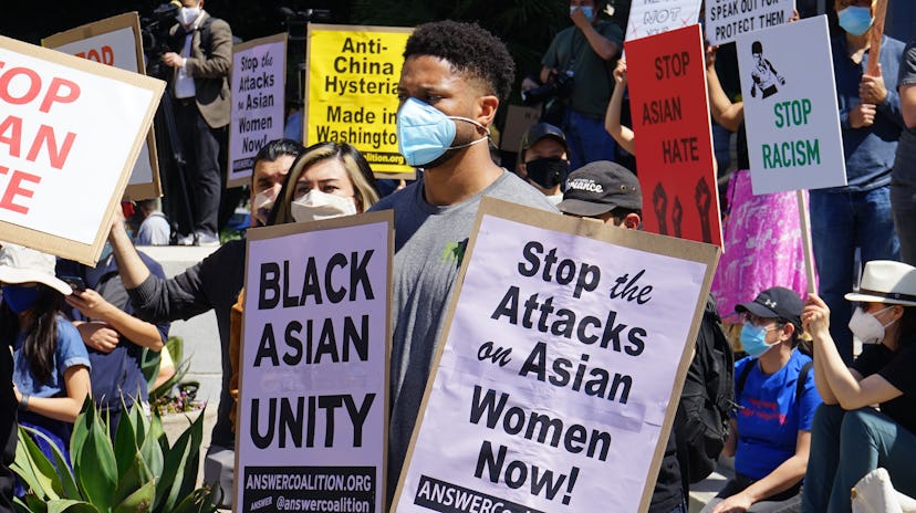 LOS ANGELES, March 27, 2021 -- People participate in a Stop Asian Hate rally and march in response t...