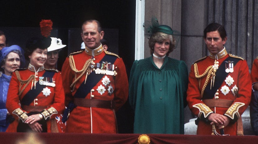 Queen Elizabeth matched with her husband and son at the 1982 Trooping The Colour.
