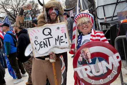 WASHINGTON, D.C. - DECEMBER 12: Trump supporter and QAnon follower Jake "The Q Shaman" Angeli attend...