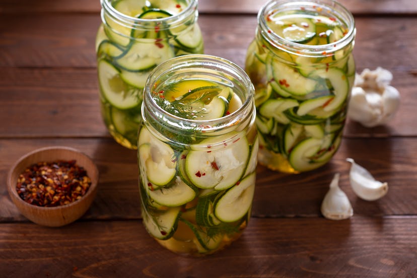 Pickled Zucchini in Mason Jars with Dill, Crushed Red Pepper and Garlic