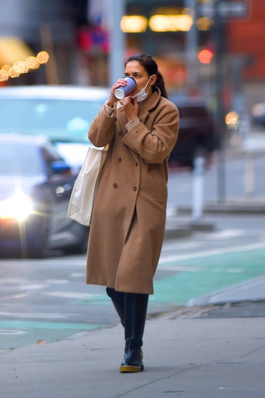 Katie Holmes wearing her FRAME boots while out and about in Manhattan on  December 16, 2020 in New Y...