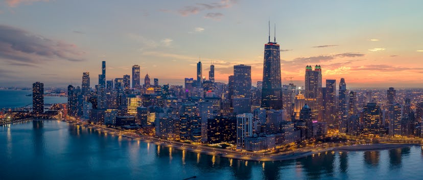 Aerial View of Chicago cityscape along Lake Shore Drive at dusk