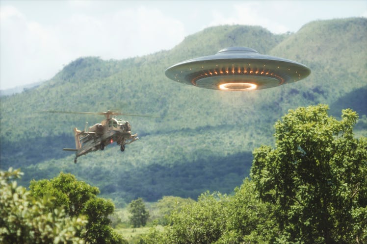 UFO and helicopter flying above the trees, illustration.
