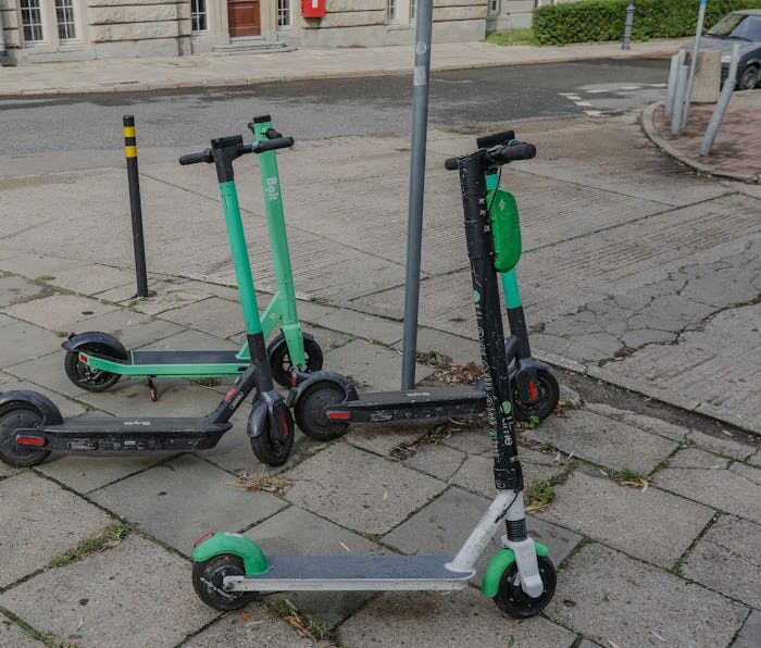 Bolt and Lime electric kick scooters standing at the pavement are seen in Gdansk, Poland on 5 Septe...