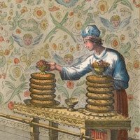 Coloured engraving, from an illustrated Hebrew Bible, depicting the table for showbread inside the T...