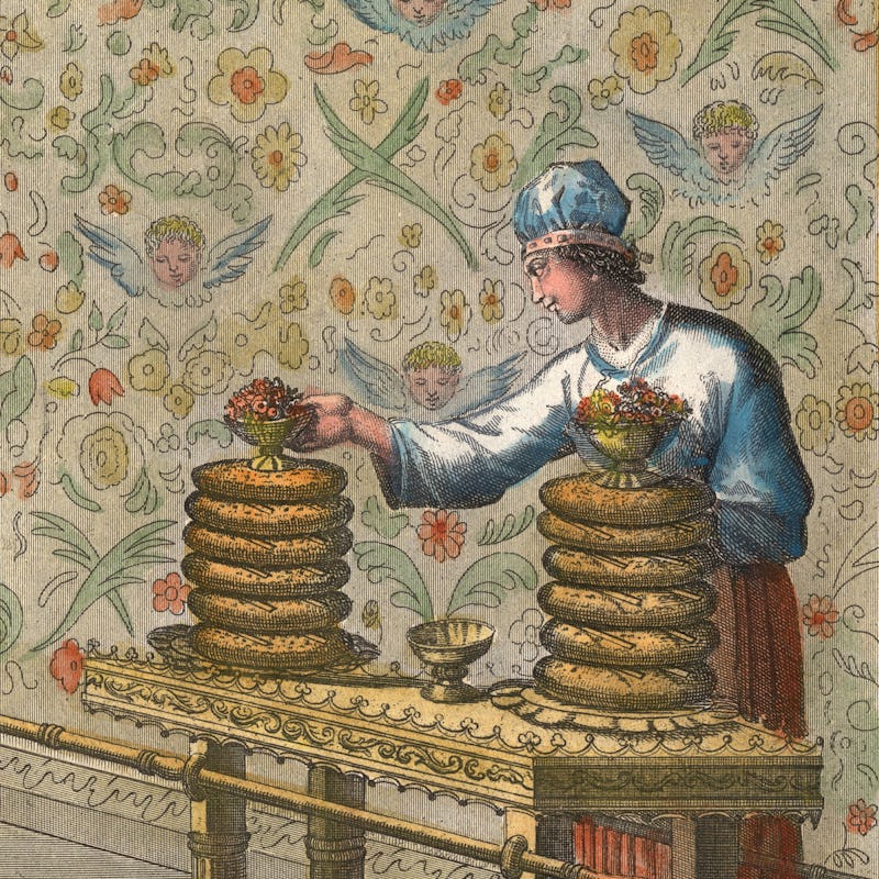 Coloured engraving, from an illustrated Hebrew Bible, depicting the table for showbread inside the T...