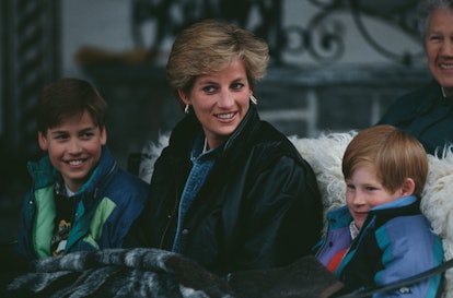Diana, Princess of Wales (1961 - 1997) riding in a traditional sleigh with Prince William and Prince...