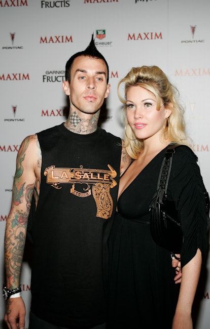Travis Barker of Blink 182 and Shanna Moakler arrive at the celebrity party to celebrate the 2005 Ma...
