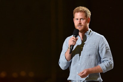 Co-Chair Britain's Prince Harry, Duke of Sussex, gestures as he speaks onstage during the taping of ...