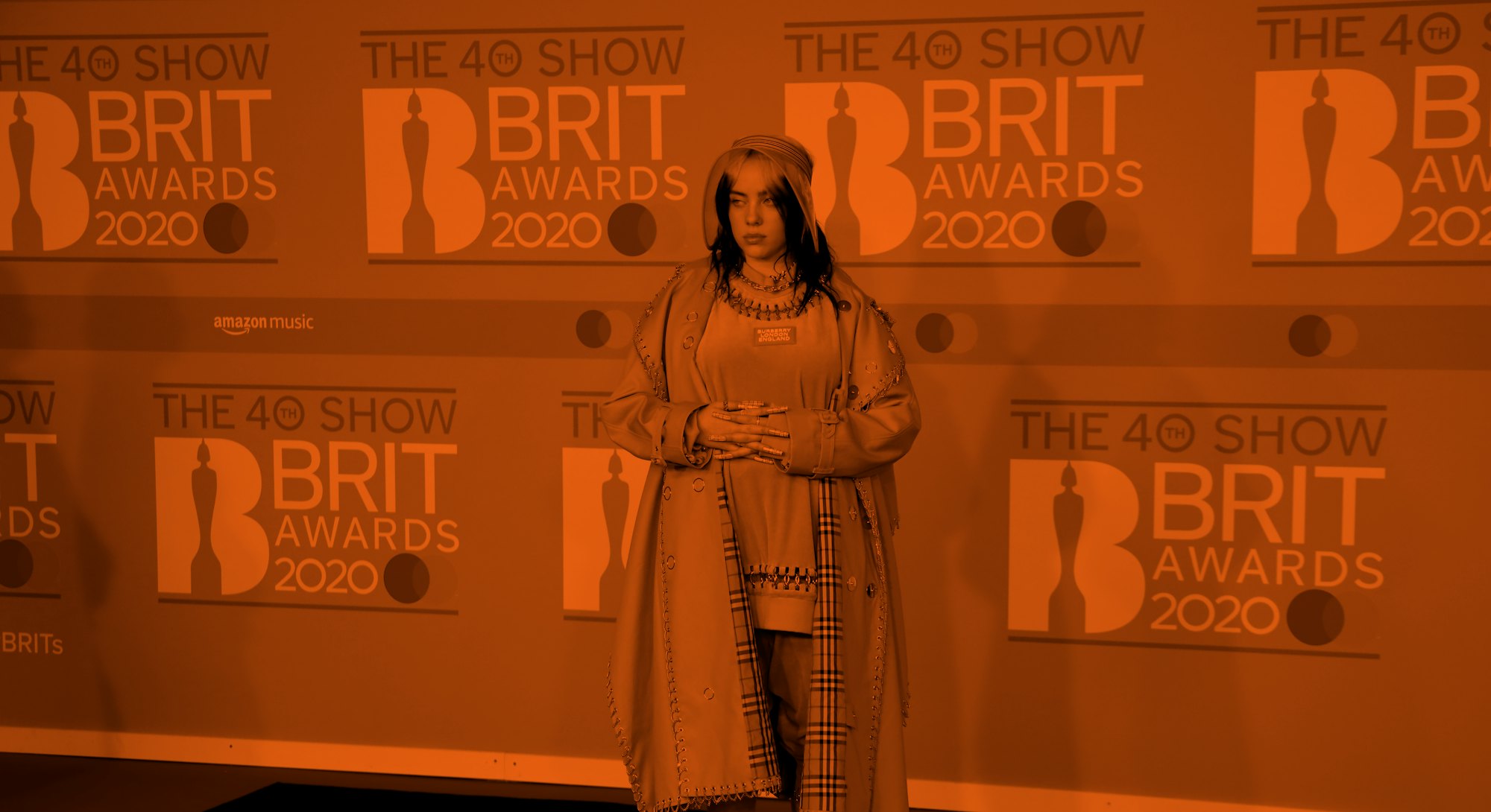 US singer-songwriter Billie Eilish poses on the red carpet on arrival for the BRIT Awards 2020 in Lo...