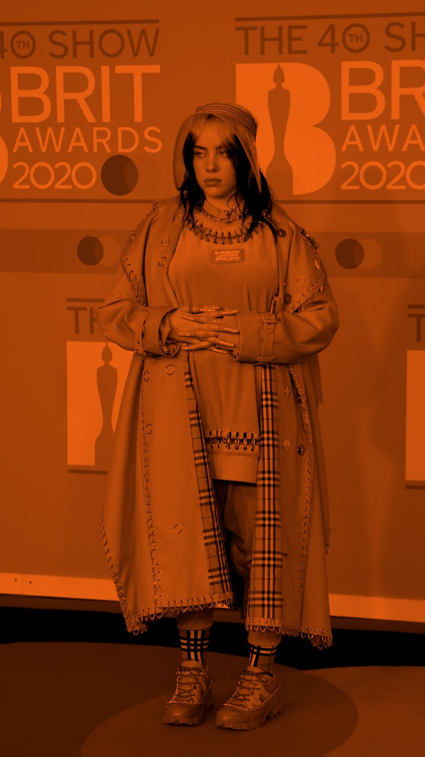 US singer-songwriter Billie Eilish poses on the red carpet on arrival for the BRIT Awards 2020 in Lo...
