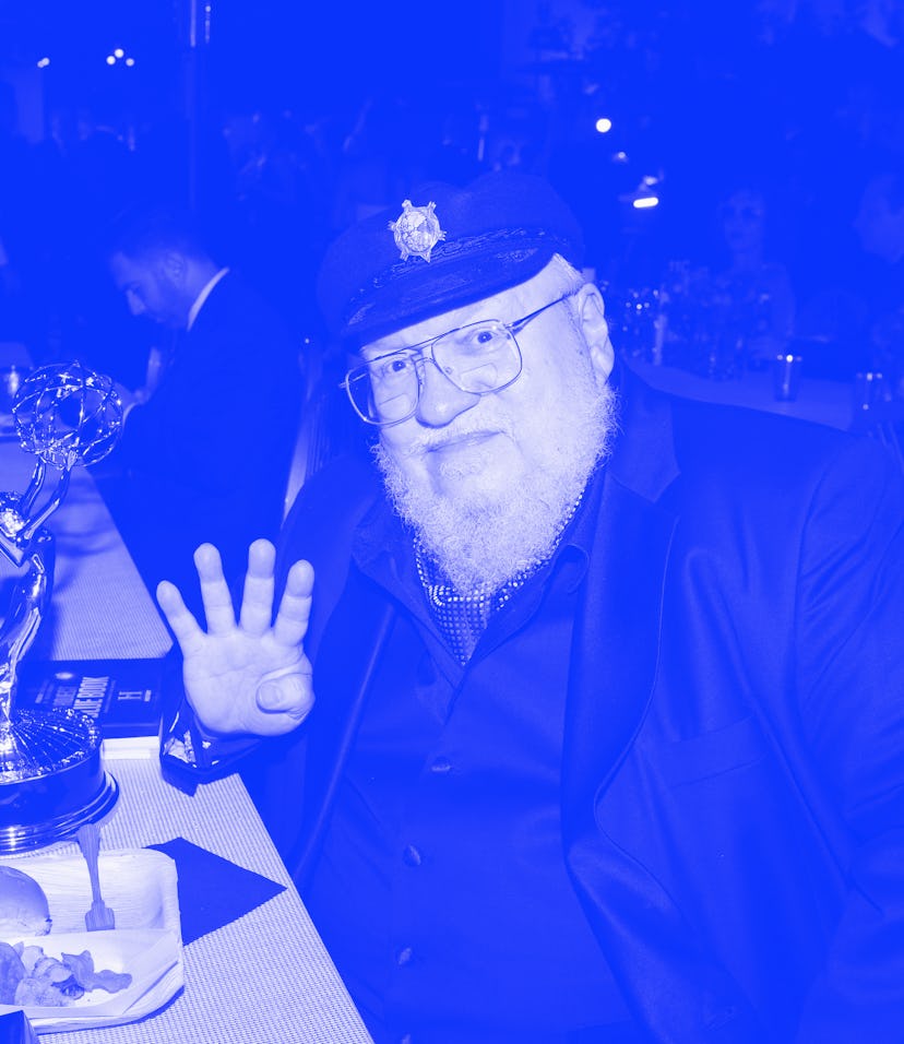 US novelist George R.R. Martin poses with the Emmy for Outstanding Drama Series "Game Of Thrones" du...