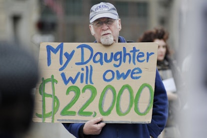 Val Hart of Cumberland participates in a protest against high student debt Wednesday, April 25, 2012...