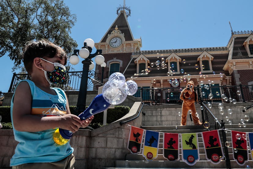 Anaheim, CA, Friday, April 30, 2021 - Mathew Jimenez, 2, of Santa Fe Springs, blows bubbles with Plu...