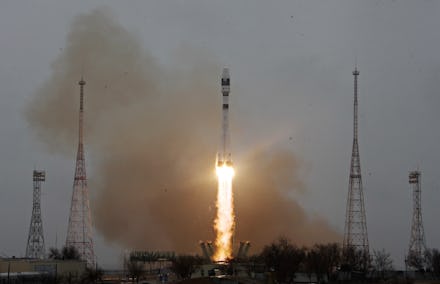 KYZYLORDA REGION, KAZAKHSTAN - MARCH 22, 2021: A Soyuz-2.1a rocket booster with a Fregat upper stage...