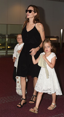 TOKYO, JAPAN - JUNE 21:  Knox Jolie-Pitt, Angelina Jolie and Vivienne Jolie-Pitt are seen upon arriv...