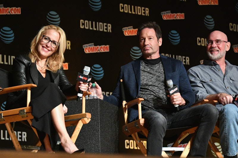 NEW YORK, NY - OCTOBER 08:  Gillian Anderson (L) and David Duchovny speak onstage at The X-Files pan...