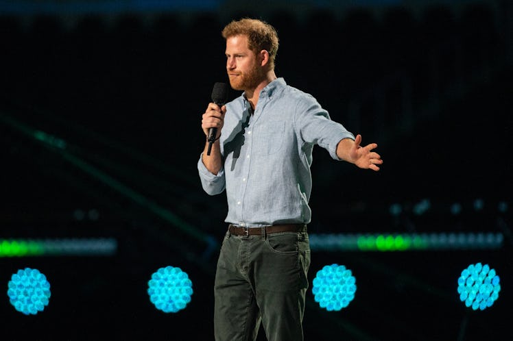 INGLEWOOD, CA - MAY 02: Prince Harry gives remarks at the Vax Live concert at SoFi Stadium on Sunday...