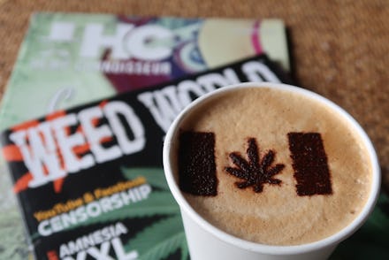 11 October 2018, Canada, Toronto: In the cafe "Cannabis & Coffee" there is a cannabis leaf as a mari...