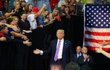 Republican Presidential candidate Donald Trump walks out during a rally, Tuesday, Aug. 30, 2016 at X...