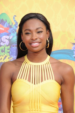 Actress Coco Jones arrives on the orange carpet of Nickelodeon's 27th Annual Kids' Choice Awards at ...