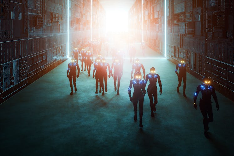 Futuristic corridor with walking cyborgs, 3D generated image.