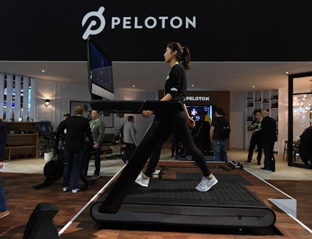 LAS VEGAS, NV - JANUARY 11:  Maggie Lu uses a Peloton Tread treadmill during CES 2018 at the Las Veg...