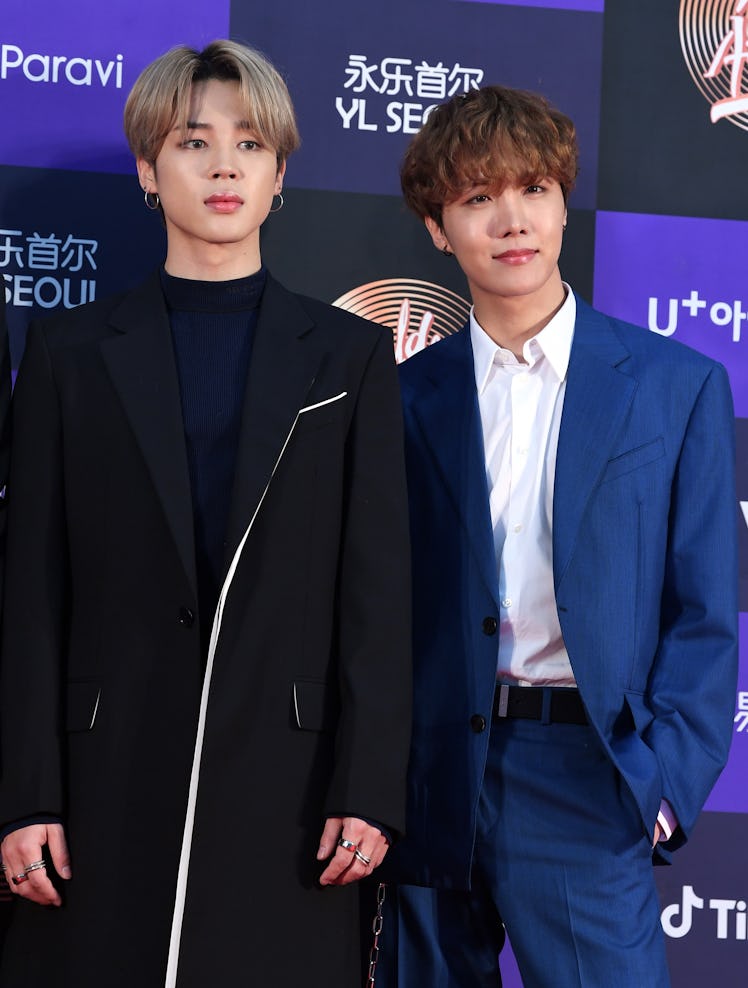 SEOUL, SOUTH KOREA - JANUARY 05: Jimin and J-Hope of BTS arrive at the photo call for the 34th Golde...