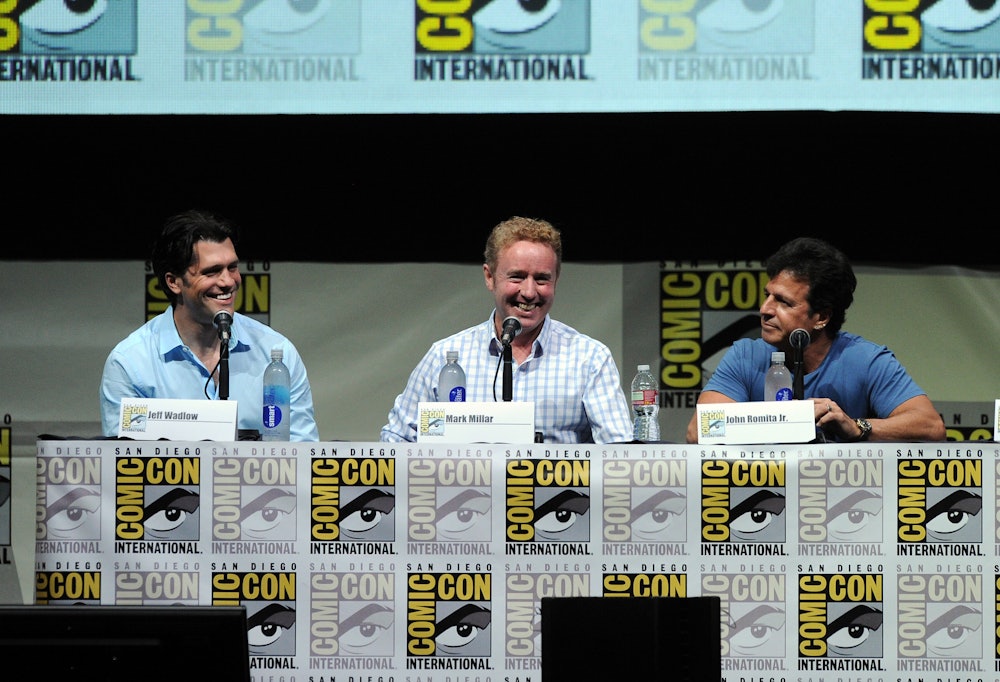 SAN DIEGO, CA - JULY 19: (L-R) Director/writer Jeff Wadlow and writers Mark Millar and John S. Romita Jr. speak onstage at the 