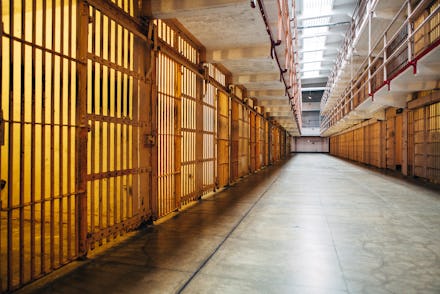 A view down "Broadway" the main corridor in the Alcatraz cellhouse. The Alcatraz Federal Penitentiar...