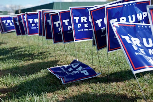 Trump/Pence Make America Great Again 2016 presidential campaign lawn signs sit on the side of the ro...