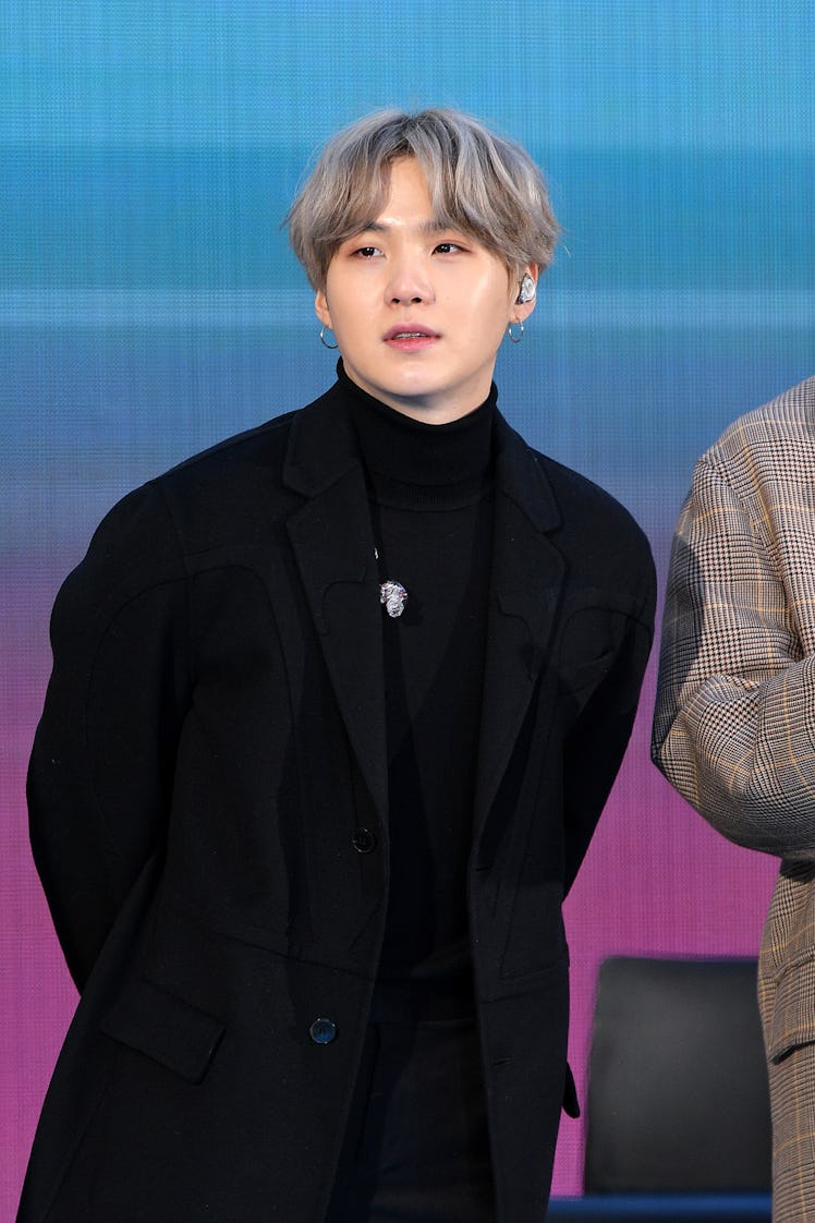 NEW YORK, NEW YORK - FEBRUARY 21: SUGA of the K-pop boy band BTS visit the "Today" Show at Rockefell...