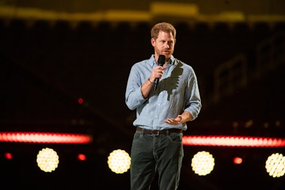 INGLEWOOD, CA - MAY 02: Prince Harry gives remarks at the Vax Live concert at SoFi Stadium on Sunday...