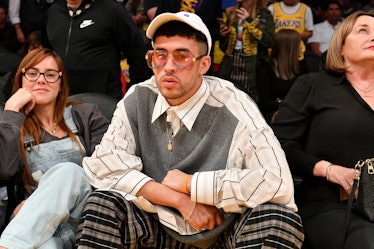 LOS ANGELES, CALIFORNIA - MARCH 03: Singer Bad Bunny attends a basketball game between the Los Angel...