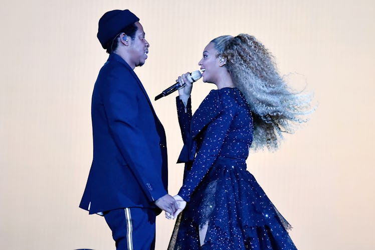 CARDIFF, WALES - JUNE 06: Jay-Z and Beyonce Knowles perform on stage during the "On the Run II" tou...